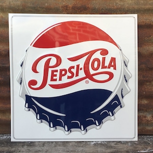 Vintage Sign Pepsi Cola Bottle Cap Large 23 1/2  Inch Stout Sign Vintage Style Reissue Metal Sign Embossed Soda Pop Retro Vintage Style