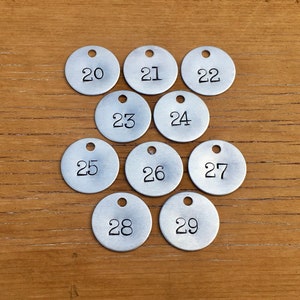 Choice Of Tag Number 20, 21, 22, 23, 24, 25, 26, 27, 28, 29 Stamped Tag 1 1/4 Inch Aluminum Tag Cow Metal Keychain Fob Vintage Mining