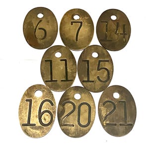 Choice of Brass Cattle Tag Number 6, 7, 11, 14, 15, 16, 20, 21 Vintage Antique Cow Tag Keychain Rustic Fob Wedding Table Numbers F