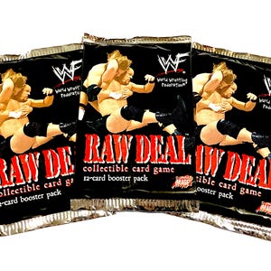May include: Three black "RAW DEAL" collectible card game booster packs. Each pack features a wrestler image and the text "World Wrestling Federation". The packs are sealed and have a silver foil top.