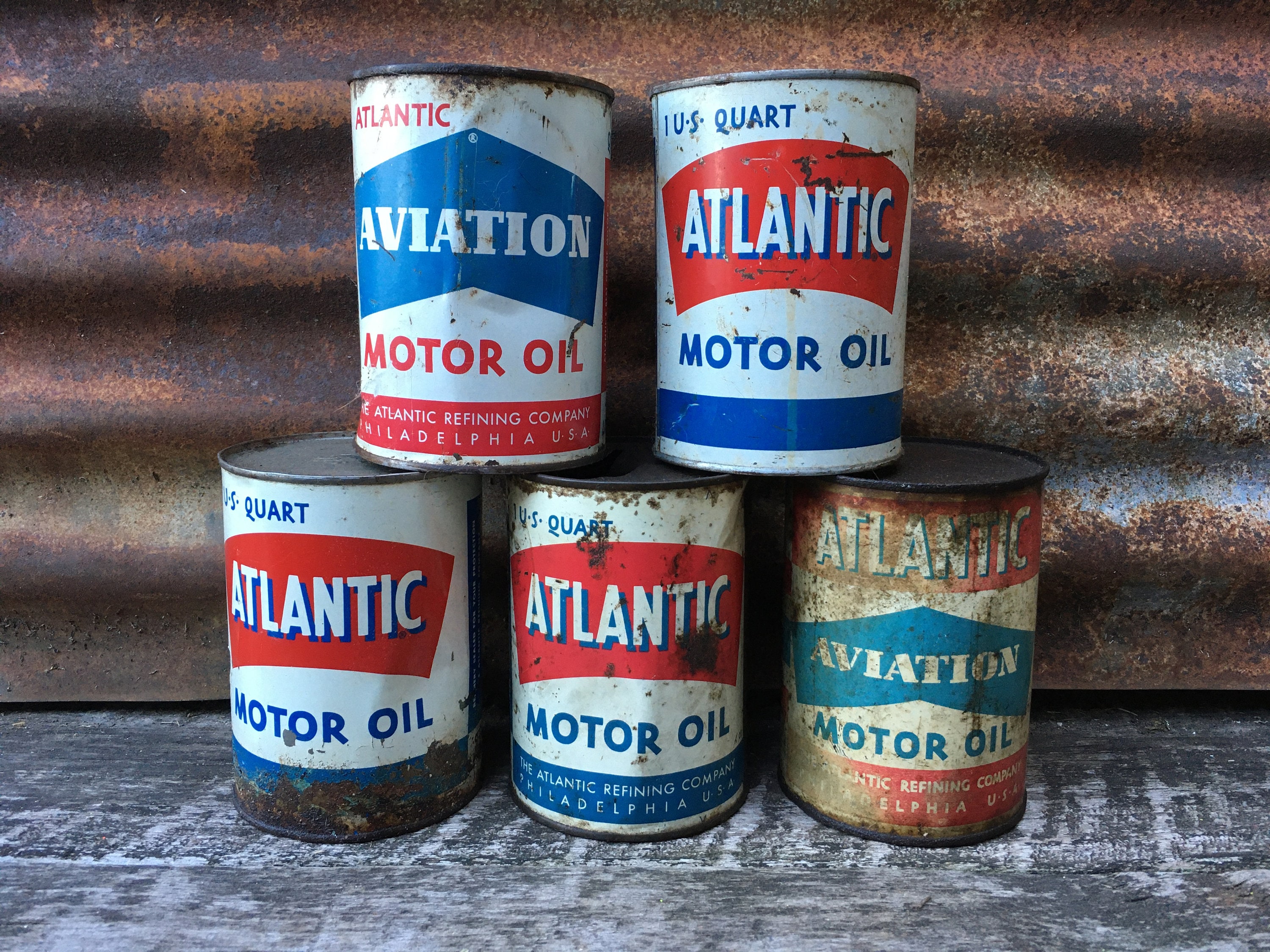 【USA vintage】Atlantic Oil Can オイル缶 店舗什器 Lot of 5 Vintage Atlantic Motor Aviation Plane Quart Oil Can Metal