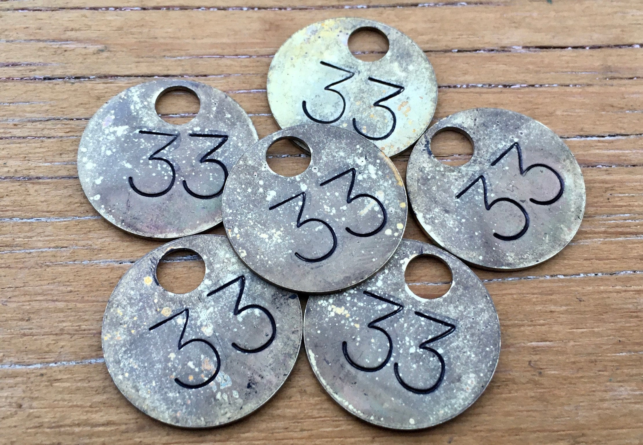vintage an・an no.33 Number 33 Tag Charm Brass Tag 1 1/4 Inch Antique Industrial Lucky