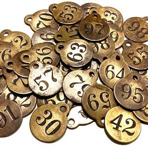 Vintage Number Tags Choice of Numbers Brass Antique Numbered Tags Industrial Key Fob Identification Tag 1 Inch