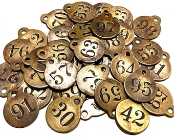 Vintage Number Tags Choice of Numbers Brass Antique Numbered Tags Industrial Key Fob Identification Tag 1 Inch