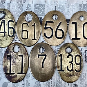 Choice of Brass Cattle Tag Numbers 146, 61, 56, 10, 11, 7, 139 Vintage Antique Cow Tag Keychain Rustic Fob Wedding Table Numbers S