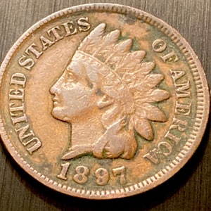 1897 Indian Head Penny Small Cent From Antique Coin Collection Numismatic Sharp Looking Coin Partial Liberty Own a Piece of American History