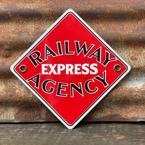 Railway Express Agency Porcelain Metal Sign REA Box Car Sign Train Railraod RR  Metal Sign Vintage Enamel Sign  11 Inch Diagonal