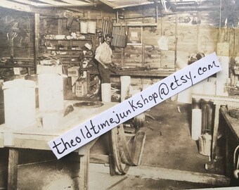 Original Antique Photograph Man Working in Garage Shop Belt Driven Saw Metal Working Photo Early 1900s Vintage Picture Photography