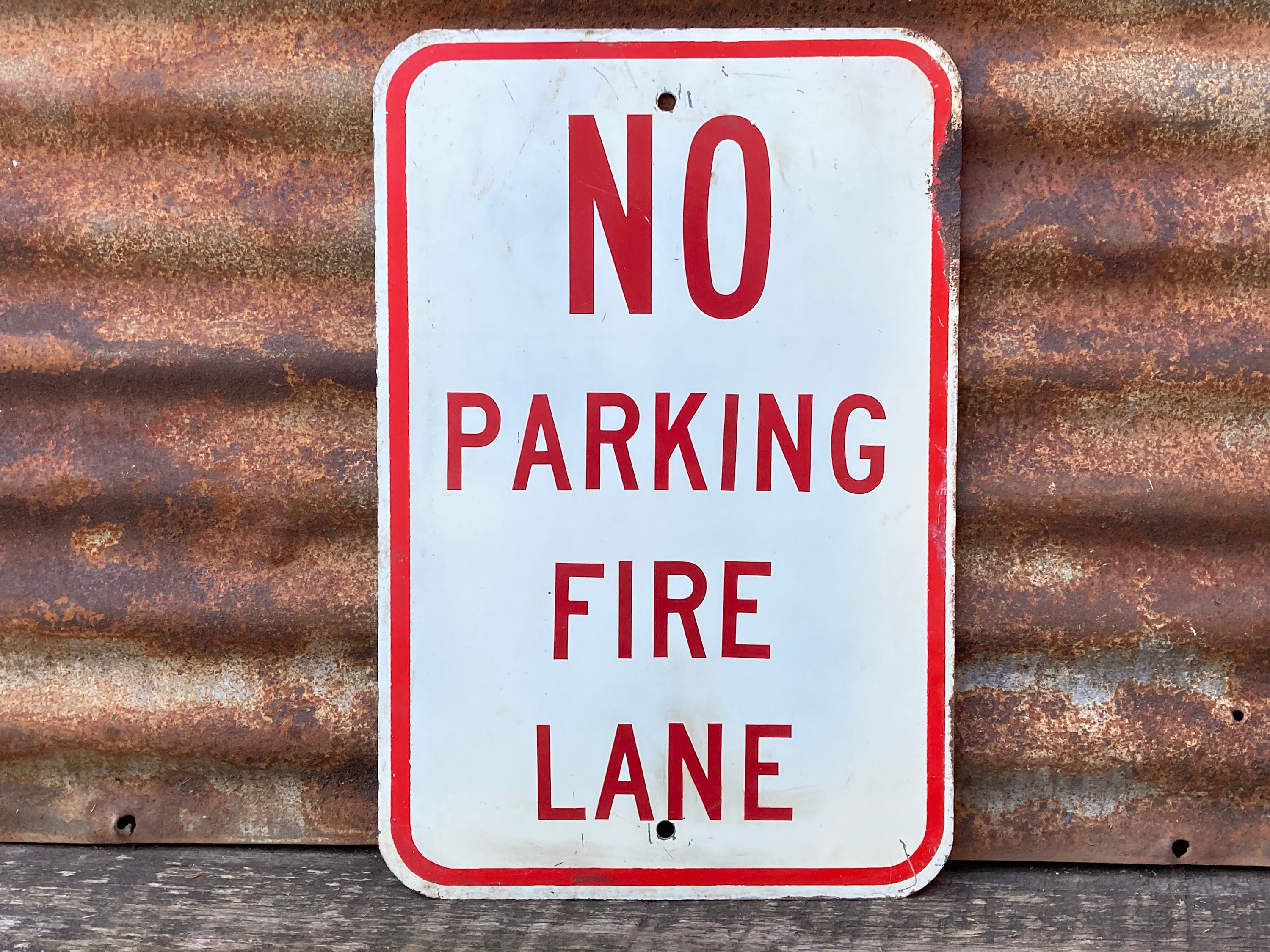 No Parking Fire Lane Sign Vintage Metal Street Sign Red White