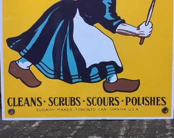 Vintage Old Dutch Cleanser Porcelain Sign Enamel Over Metal