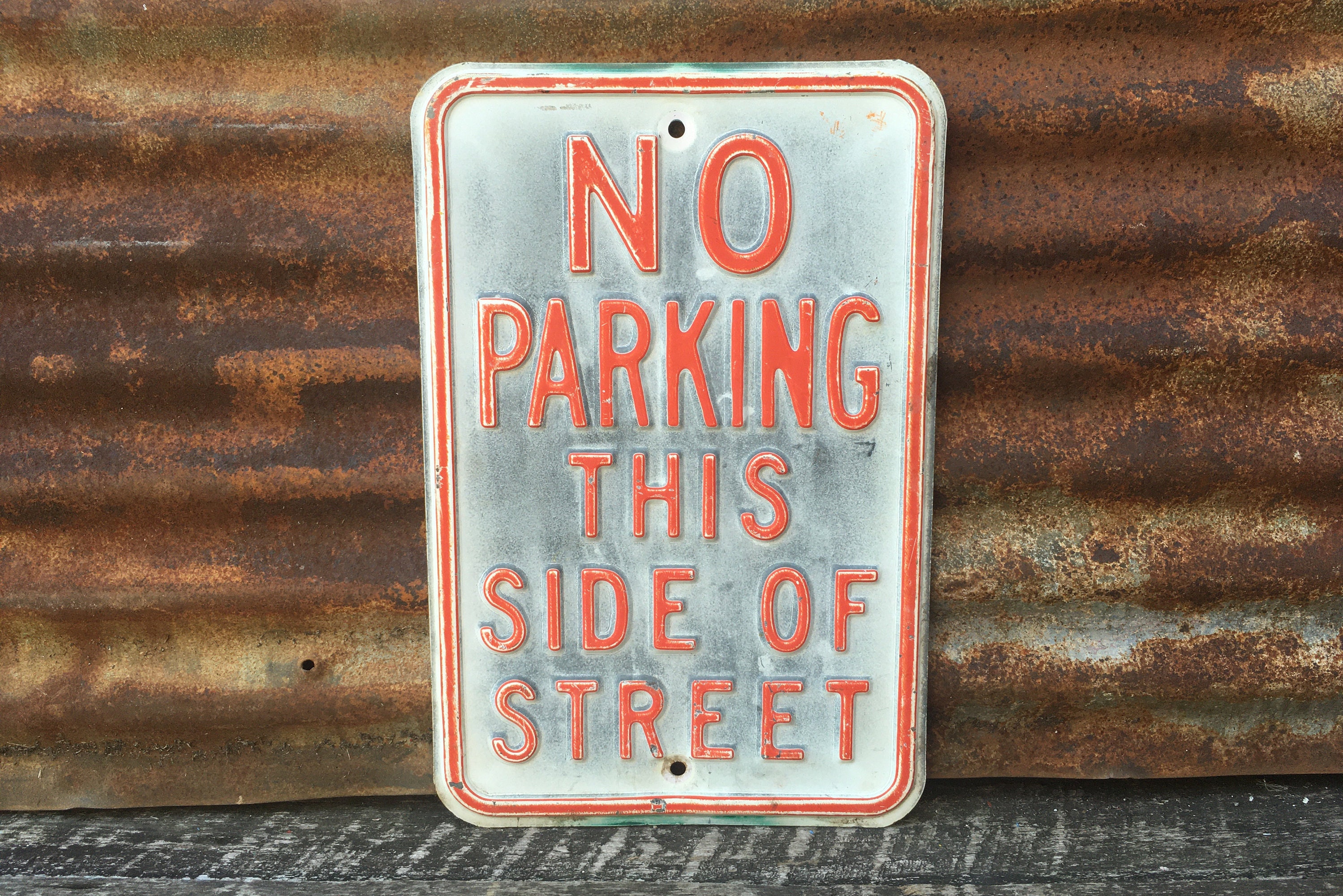 Original Sign No Parking Vintage Metal Street Sign Painted Red
