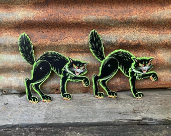 2 Original Vintage Halloween Black Cats Jointed Die Cut Cardboard