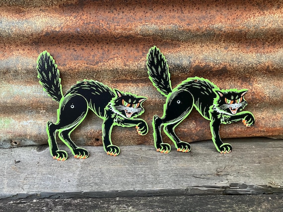 2 Original Vintage Halloween Black Cats Jointed Die Cut Cardboard