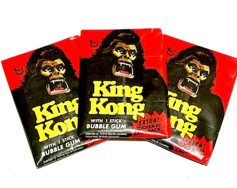 Tarjetas coleccionables raras de King Kong Topps 1976 con licencia oficial, sin abrir, de Bubble Gum, de la película, paquete de cera, de ciencia ficción y terror.