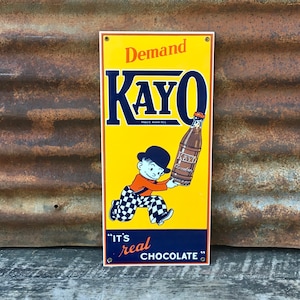 Vintage Kayo Chocolate Milk Porcelain Sign 1990s Era Reproduction Porcelain Enamel Metal Collectible Sign 8x17 1/4 Inch