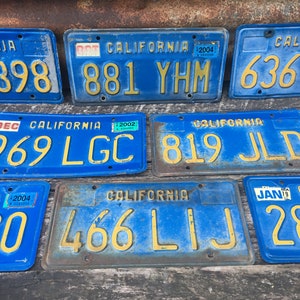 Choice of California License Plate Original Old 1980s 1990s Era Blue and Yellow Vintage License Plate Number Tag Metal D