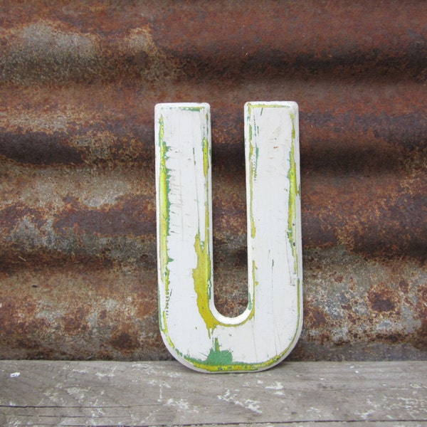 Letter Sign Vintage Metal Letter U Sign 7 1/2 Inch Chipping White Paint VTG Marquee Sign Wall Art Wedding Alphabet Letter Advertising Old