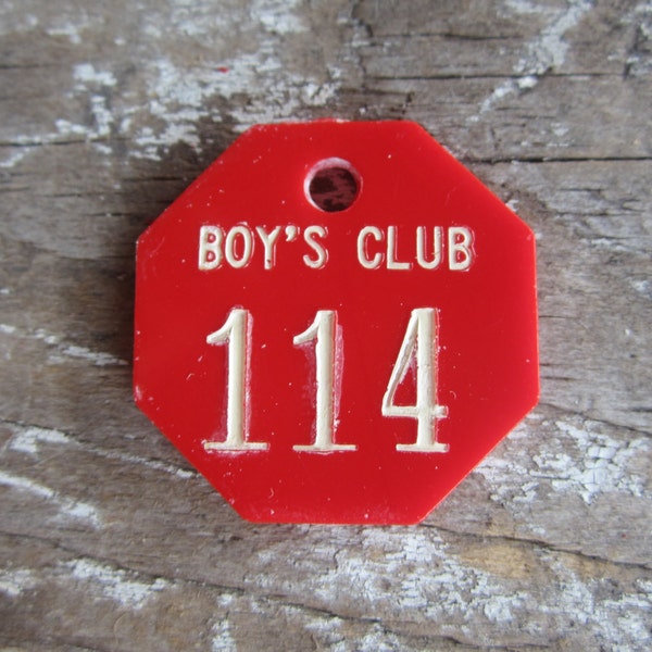 Vintage Plastic Tag Number 114 #114 BOYS CLUB Red White Octagon Bachelor Wedding Guys Mens Gift Old ID Tag Keychain Key Chain Fathers Day