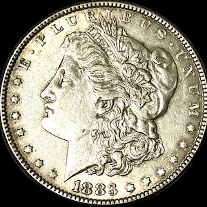May include: A silver coin with a detailed profile of a woman's face, surrounded by the words "E PLURIBUS UNUM" and "LIBERTY". The year "1883" is visible at the bottom. The coin has a textured edge and star details.