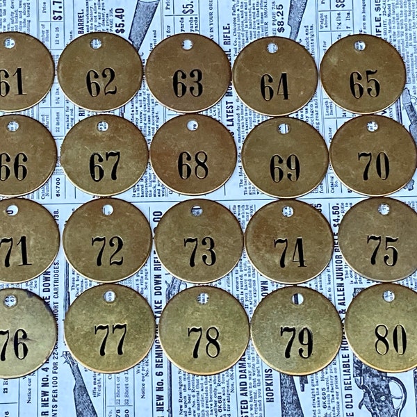 Choice of Tag Number 61, 62, 63, 64, 65, 66, 67, 68, 69, 70, 71, 72, 73, 74, 75, 76, 77, 78, 79, 80 Vintage Metal Keychain Fob Brass Tag