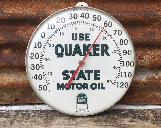 Vintage Quaker State Motor Oil Thermometer Sign Metal & Plastic Round ...