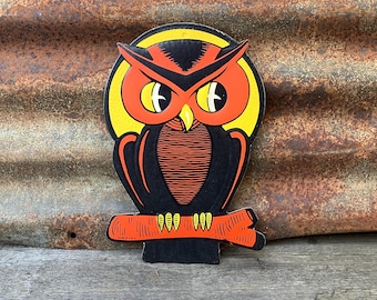 Original Vintage Halloween Owl Die Cut Cardboard Decoration 1960s  Made in USA Decorations Old 9 Inch