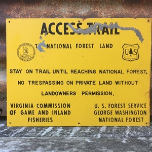 Original Vintage Metal Sign National Forest Land U.S. Forest Service Forest Virginia Fish Game Commission Inland Fisheries Access Trail