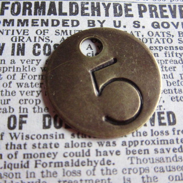 Number Tag Charm Brass Number 5 Tag Small 1 Inch Aged #5 Tag Vintage Tag Industrial Identification Tag Lucky Number House Number Keychain
