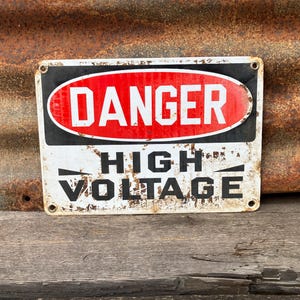 Vintage Metal Porcelain Sign Danger High Voltage Red White Black Metal Sign Industrial VTG Enamel Sign 7x10