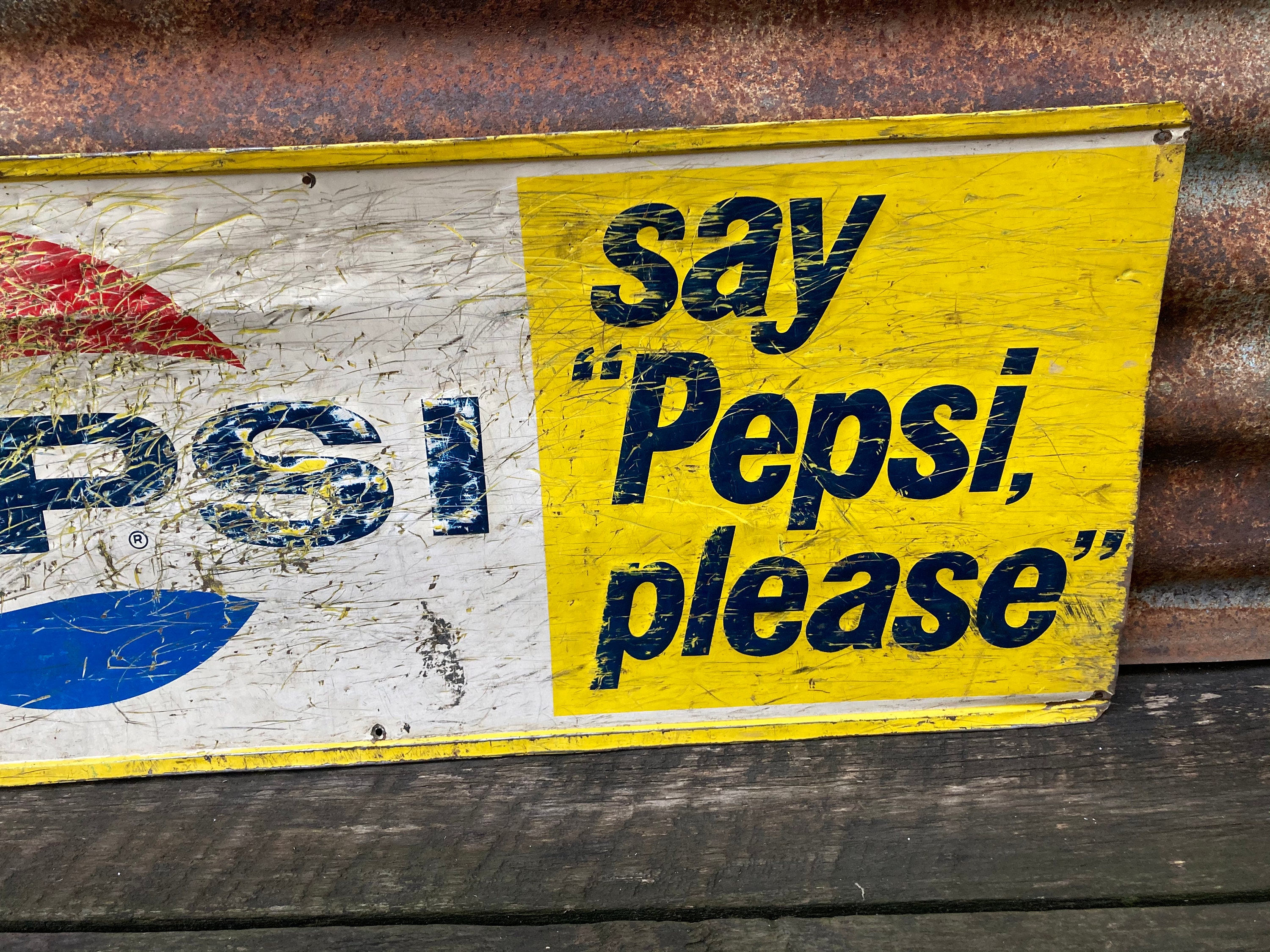 Vintage PEPSI Sign Metal 1960s Stout Sign Distressed Rusted Red