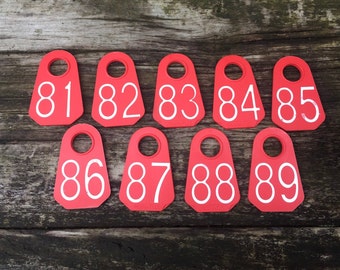 Choose a Tag 81, 82, 83, 84, 85, 86, 87, 88, 89 Red Plastic Cattle Tag Large Vintage Livestock Bull Antique Tag Number Keychain  Fob