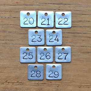 May include: Set of ten silver metal tags with numbers 20 through 29 stamped on them.