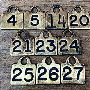 Choice of Brass Cattle Tag Number 4, 5, 14, 20, 21, 23, 24, 25, 26, 27 Vintage Antique Cow Tag Keychain Rustic Fob Wedding Table Numbers D26