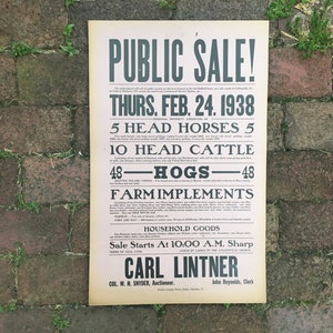 Vintage Farm Auction Animal Sale Hogs Cattle Horses Paper Poster Original 1938 Collinsville Ohio Advertising Sign 14x22 Snyder Auction