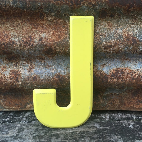 Vintage Letter J Sign Metal Sign 7 1/2 Inch Yellow Marquee Sign Wall Art vtg Alphabet Letter Advertising Old Modern Farm Decor Letter Art