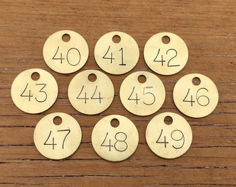 Choice of Tag 40, 41, 42, 43, 44, 45, 46, 47, 48, 49, 50 Vintage Style Metal Number Tags 1 Inch Numbered Tags Keychain Key Chain Fob Brass