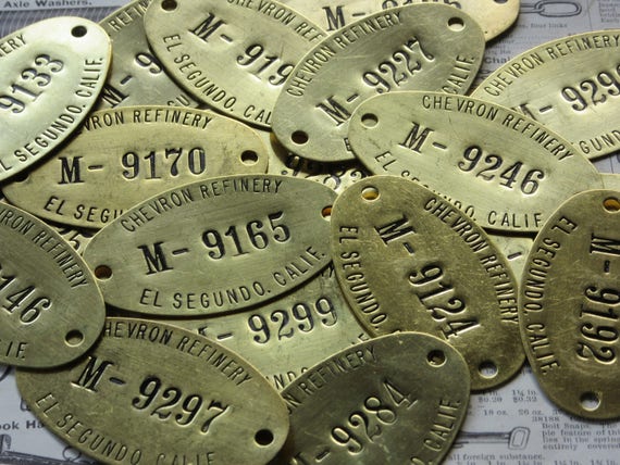 Price per Tag Vintage Brass Tag CHEVRON Refinery El Segundo California 3 Inch Gas Oil Fuel Metal Number Tag Industrial Antique Tag Keychain