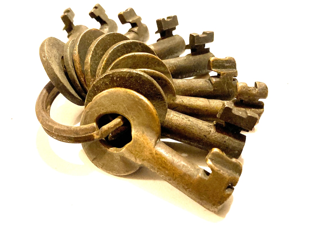 Collection of 9 Antique Brass Keys Metal Barrel Key Vintage Key