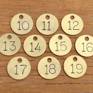 Choice of Tag 10, 11, 12, 13, 14, 15, 16, 17, 18, 19 Vintage Metal Number Tags 1 Inch Tag Numbered Tags Keychain Tag Key Chain Fob Brass