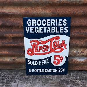 Reproduction Sign Pepsi Cola Double Dot Sign Grocery & Vegetables Vintage Style Tin Metal Sign Embossed Soda Pop Retro Drink Vintage Style