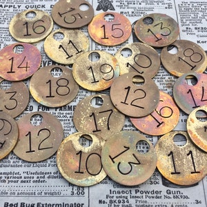 Choice of Tag 10, 11, 12, 13, 14, 15, 16, 17, 18, 19 Vintage Metal Number Tags 1 Inch Numbered Tags Keychain Tag Key Chain Fob Brass Mining