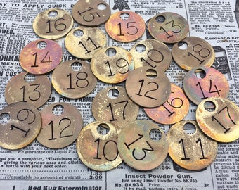Choice of Tag 10, 11, 12, 13, 14, 15, 16, 17, 18, 19 Vintage Metal Number Tags 1 Inch Numbered Tags Keychain Tag Key Chain Fob Brass Mining
