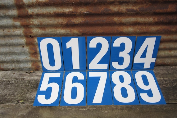 Vintage Metal Number Sign All Numbers Available 1 2 3 4 5 6 7 8 9 0  Double Sided Blue White 11 x 6 3/4  Inch Gas Price Sign Service Station
