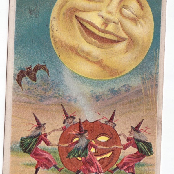 Antique Halloween Postcard Early 1900s Dated 1911 Witches Pumpkins Bats and the Moon October Fall Decoration Collectible Postcard PC Pumpkin