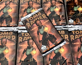 Juego de cartas coleccionables vintage de Tomb Raider Lara Croft. Paquete de cartas sin abrir, envuelto en papel de aluminio. Coleccionable de la película de acción. 8 paquetes de refuerzo de cartas. 1999