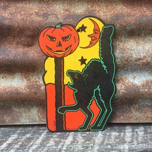 Original Vintage Black Cat Pumpkin Moon Halloween Die Cut Cardboard Decoration 1960s  Beistle Paper Made in USA Decoration Old
