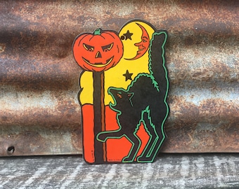 Original Vintage Black Cat Pumpkin Moon Halloween Die Cut Cardboard Decoration 1960s  Beistle Paper Made in USA Decoration Old