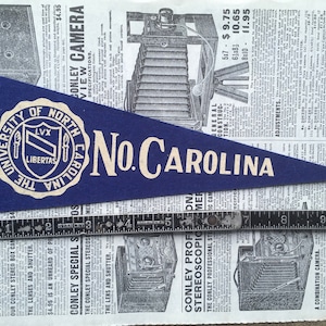 Original Vintage North Carolina College Pennant University Small 10 Inch Felt 1960s School Pennant Flag Dorm Dark Blue Sports Decor