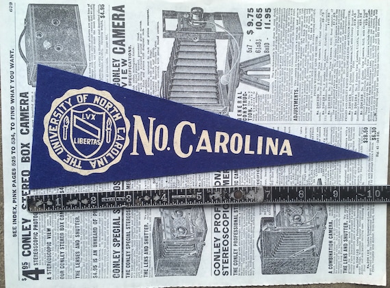 Original Vintage North Carolina College Pennant University Small 10 Inch Felt 1960s School Pennant Flag Dorm Dark Blue Sports Decor