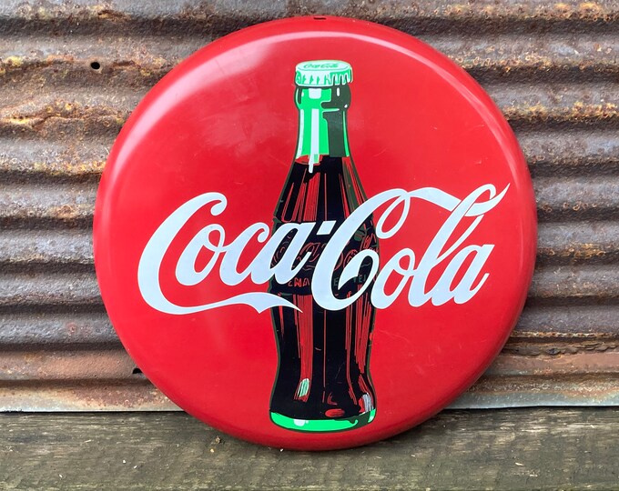 Vintage Coca Cola Button Sign 12 Inch Metal Coke Bottle Sign Vintage